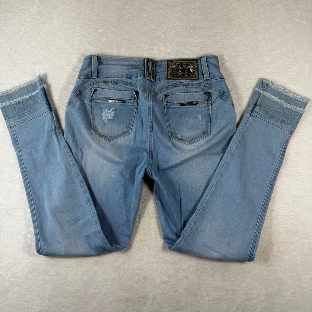 Pit Bull Light Wash Distressed Rhinestone Cuff Skinny Jeans High Rise Blue 10